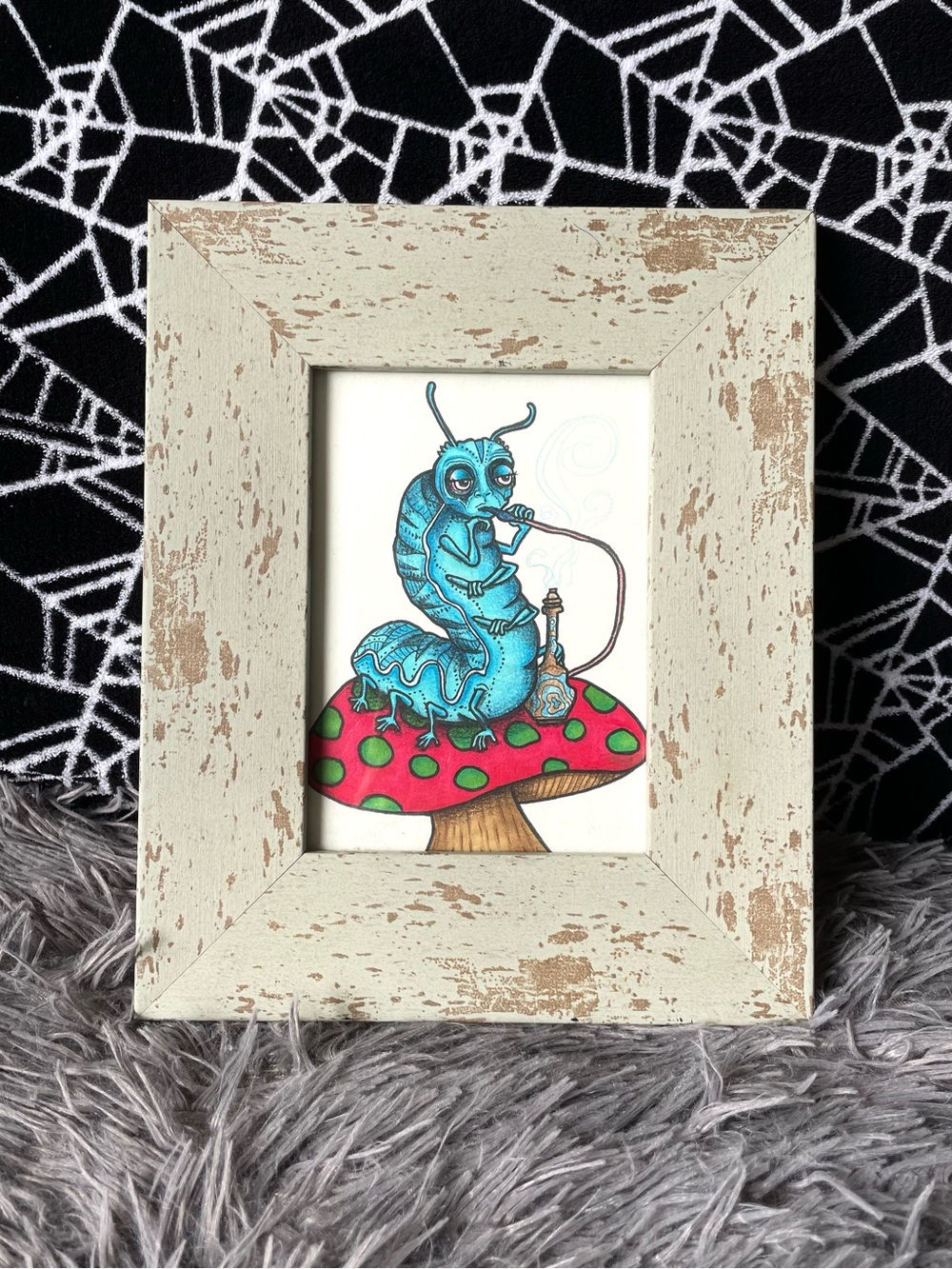Whimsical Alice in Wonderland Blue Caterpillar Hand Drawn Framed Art